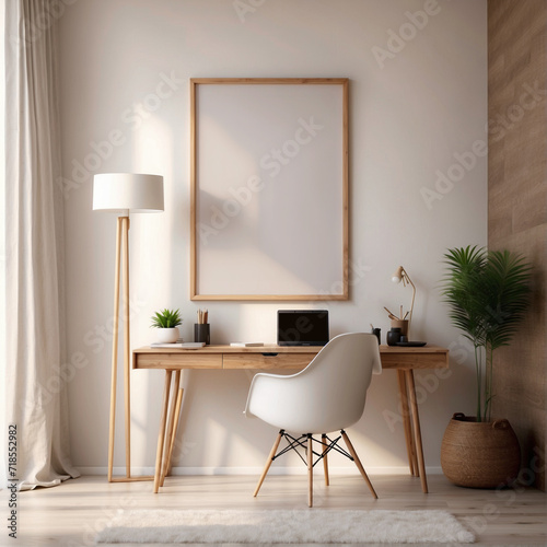 Mockup vertical poster wood frame in modern interior home office background