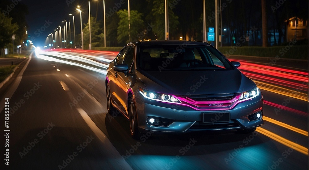Colorful car light trails, long exposure photo at night, fantastic night scene, top view, a long exposure photo at the night