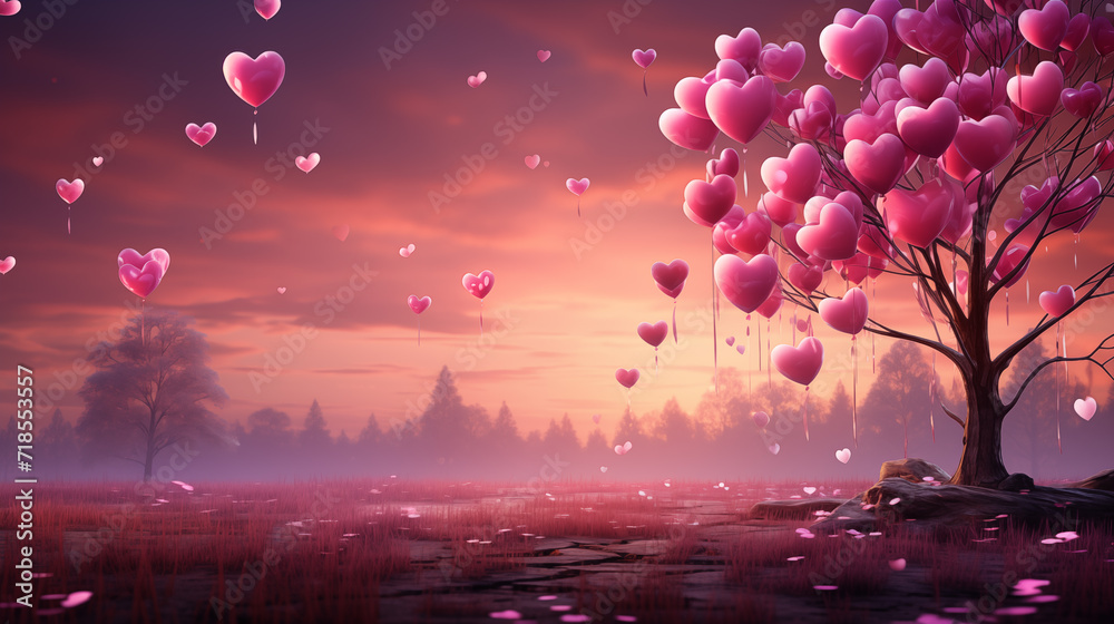 Valentine Wallpaper pink tone with tree and heart balloon - obrazy, fototapety, plakaty 