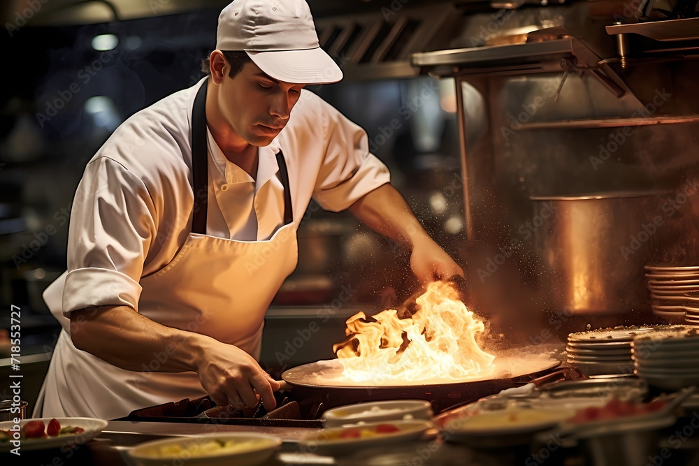 A chef skillfully flipping a pancake in a busy breakfast diner, with a sizzling griddle and a tantalizing aroma filling the air.