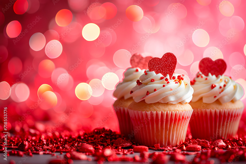 Hearts-themed cupcake for Valentine's Day showcased against a backdrop of red bokeh.
