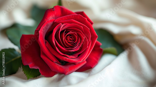 A close-up shot of a vibrant red rose resting on a crisp white bed. shutter speed  showcasing the delicate petals against the clean fabric  Beautiful rose  in full bloom