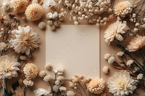 Post paper Card Mockup, Wedding Invitation card Mockup Flat lay Photography against the dried plant and white flowers 
