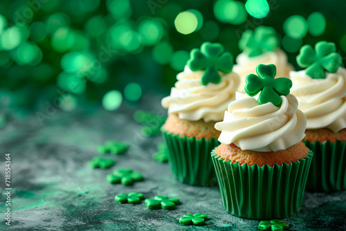 Shamrock leaves cupcakes with a St. Patrick's Day theme set against a green bokeh background.