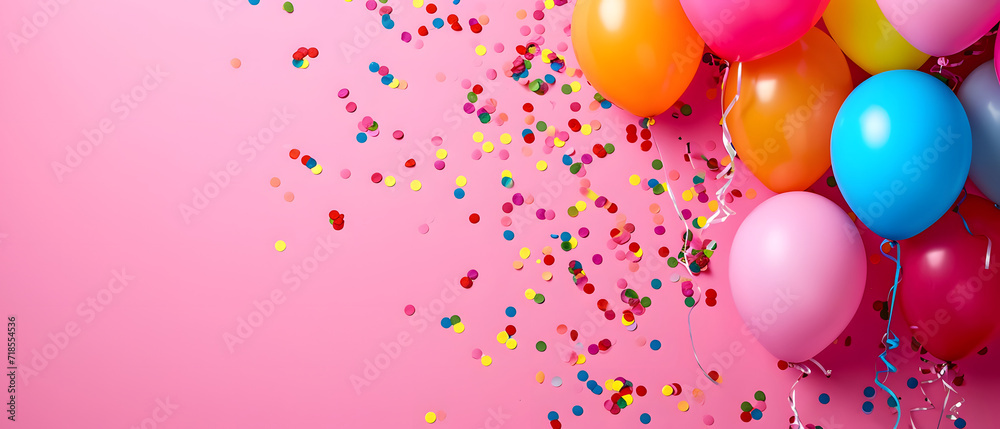 Colorful Balloons and Confetti on a Pink Background Colorful Balloons and Confetti on a Pink Background
