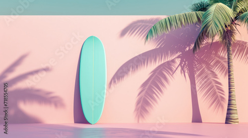 Surfboard on tropical beach background. Vintage tone color style. Generative ai © tonktiti