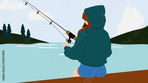日中に湖で釣りをする少女のイラスト photo