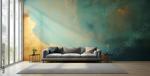 Interior design modern bright room with grey sofa 3d Illustration, Interior of modern living room with yellow and blue wall, 3d render