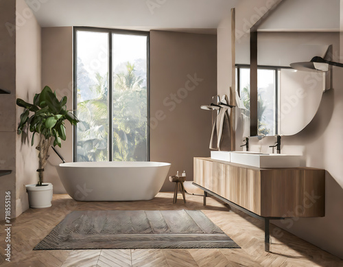 Beige bathroom interior with double sink and mirror  carpet on hardwood floor  bathtub  plan. Generative AI.