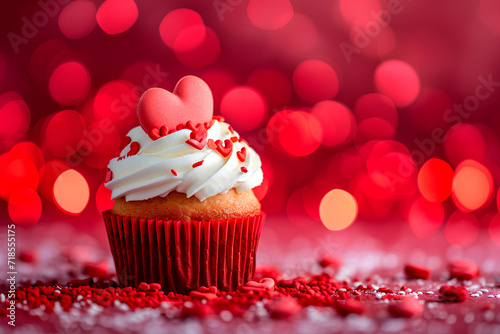 Hearts-themed cupcake for Valentine's Day showcased against a backdrop of red bokeh. 