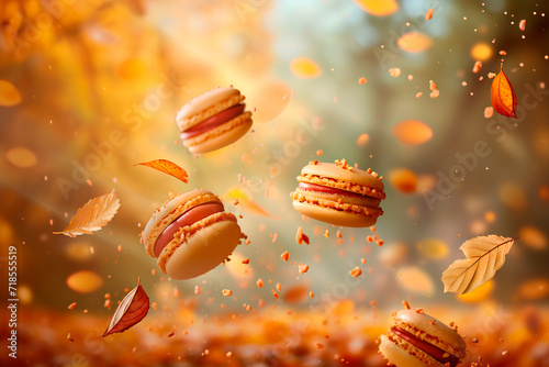 Flying macarons in autumn hues, capturing fall colors and embodying a Thanksgiving theme.