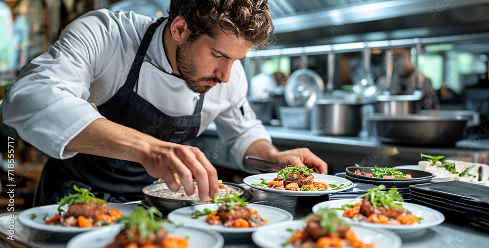 chef in hotel kitchen preparing and decorating food, delicious vegetables and meat, chef in hotel kitchen preparing and decorating food, delicious dish chef in hotel kitchen preparing and decorating food, delicious vegetables and meat, chef in hotel kitchen preparing and decorating food, delicious dish