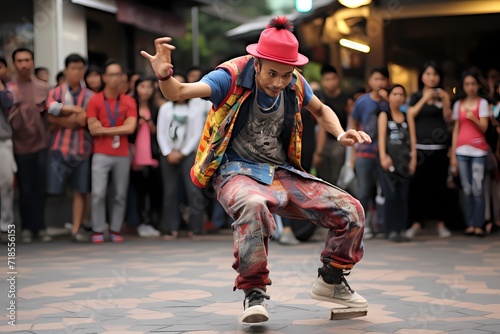 A street performer captivating an audience with an energetic dance routine, their movements synchronized to upbeat music.