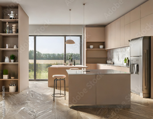 Beige home kitchen interior with bar island, fridge and shelves with kitchenware. Generative AI.