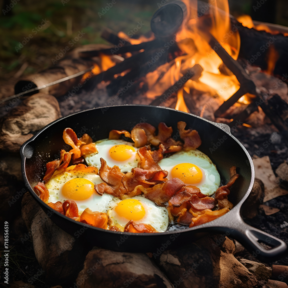 Camping breakfast with bacon and eggs in a cast iron skillet. Fried eggs with bacon in a pan in the forest. Food at the camp. Scrambled eggs with bacon on fire. Picnic Camping breakfast with bacon and eggs in a cast iron skillet. Fried eggs with bacon in a pan in the forest. Food at the camp. Scrambled eggs with bacon on fire. Picnic