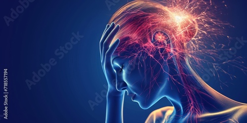 Woman with a headache. expressing pain, migraine