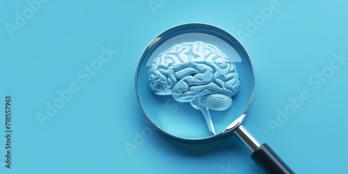 Magnifying glass and human brain on blue background, mental health care concept. 