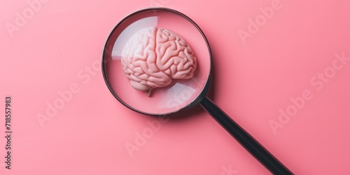 Magnifying glass and human brain on pink background, mental health care concept photo