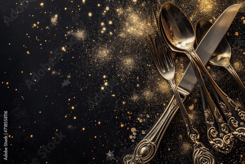 elegant set of silverware consisting of a fork, knife and spoon laid out on a dark background