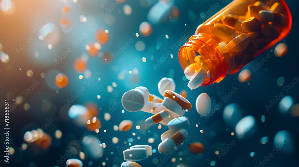 A thought-provoking image of prescription opioids, with a bottle and pills falling against a dark blue background, capturing the gravity of addiction, the opioid crisis, and overdose issues - obrazy, fototapety, plakaty 