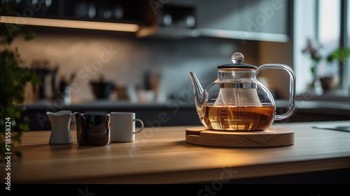 photo of modern glass tea pot on top of kitchen counter