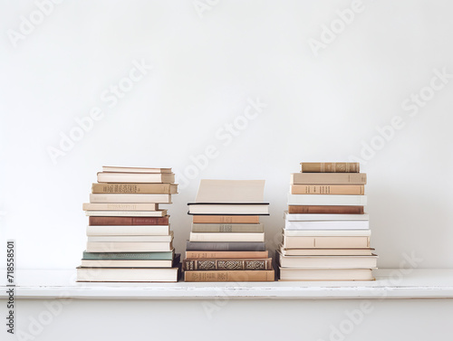 Stack of books on white table and white wall.