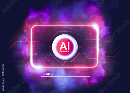 3D rendering illustration , Artificial intelligence AI , image generate button with fields for entering letters below on dark background , AI artificial intelligence technology concept