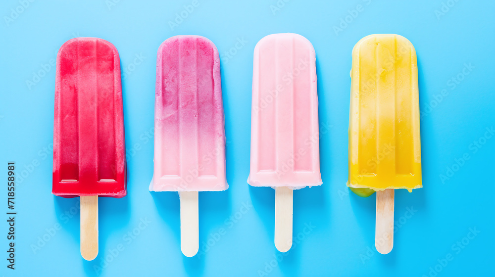 Assortment of cold summer fruit popsicles isolated on a blue background Assortment of cold summer fruit popsicles isolated on a blue background