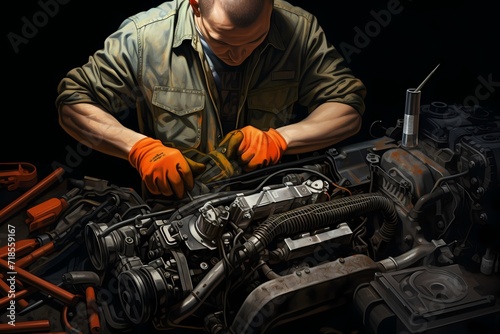 A mechanic repairing a car engine, with tools scattered around and grease-stained hands showcasing the skilled craftsmanship of automotive work. © LOVE ALLAH LOVE