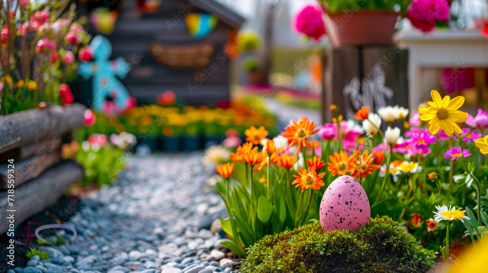 Easter egg in the garden with spring flowers. Easter background.