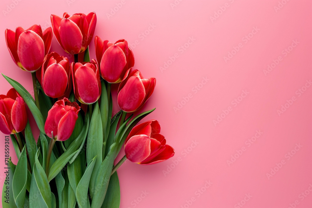Bouquet of red tulips on pink background with copy space Bouquet of red tulips on pink background with copy space