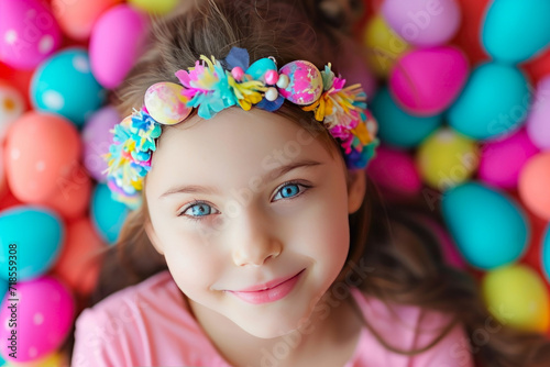 A colorful headband on the girl's head with an image of Easter eggs gives a playful touch to the festive outfit. DIY decoration for Easter for adults and children.