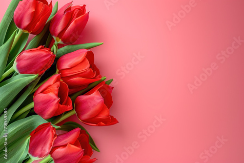 Bouquet of red tulips on a pink background with copy space