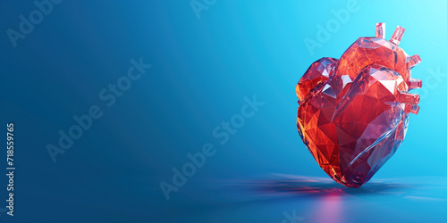 Real looking heart on bright blue studio background. Heart disease, myocardial infarction, cardiology service banner. Technology of future concept photo
