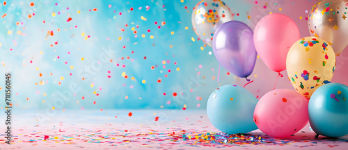 Colorful Balloons and Confetti on Table