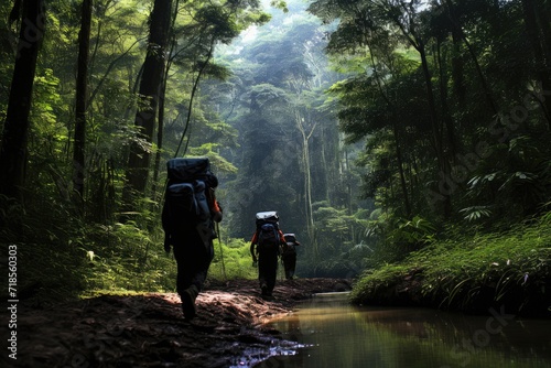 Trekking through the Amazon rainforest.