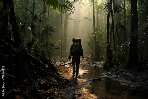 Trekking through the Amazon rainforest.