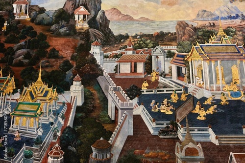Close-up of a mural along the Phra Rabiang corridor (Ramakien Gallery), depicting a scene from ancient Thai mythology - Wat Phra Kaew, or the Temple of the Emerald Buddha in Bangkok, Thailand  photo