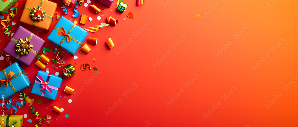 Group of Colorful Presents on Red Background