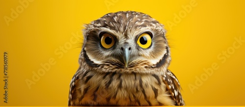 Owl standing on yellow background