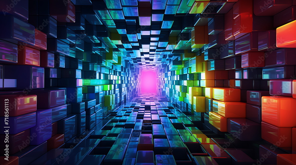 an elliptical neon hallway scene in the style. Generative Ai