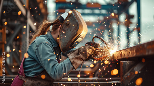 Female blue-collar welder working at a union steel manufacturing yard