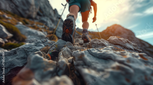 Hiker Ascending Rocky Mountain Terrain at Sunset 