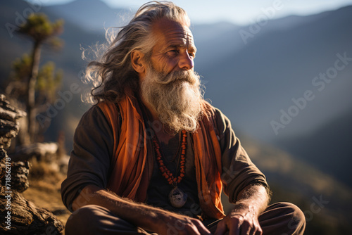 Unity connection with yourself, meditating for inner peace zen balance, stable mental health wellness concept. Adult senior long grey-haired man practicing breathing yoga pranayama in nature. 