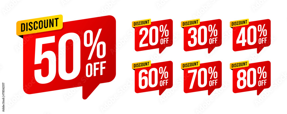 Sale discounts label starting from 20, 30, 40, 50, 60, 70, 80 percent. Trendy red sales promotion banner element. Vector illustration Sale discounts label starting from 20, 30, 40, 50, 60, 70, 80 percent. Trendy red sales promotion banner element. Vector illustration