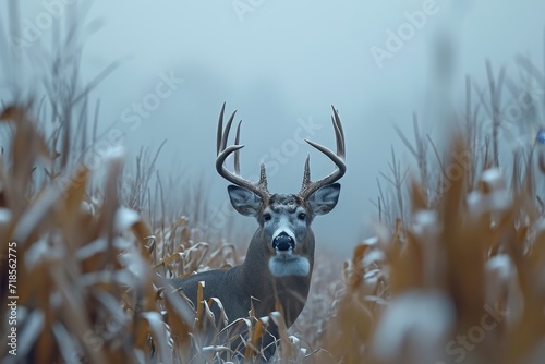 Portrait of deer standing amidst plants on field