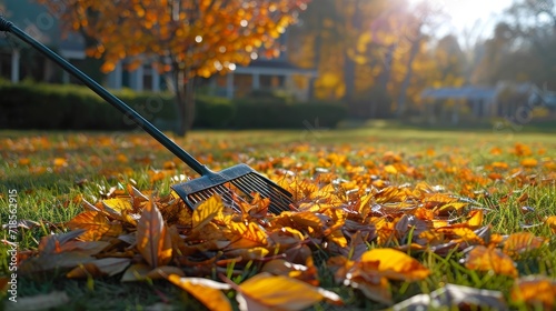Photo raking leaves with fan rake from the lawn.