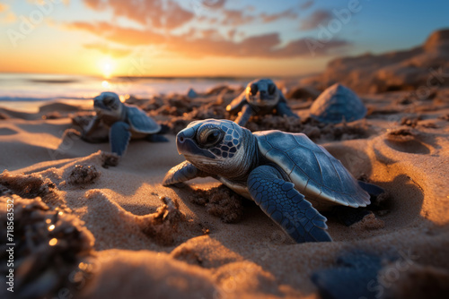 Baby Sea Turtle just born on the beaches at sunset photo