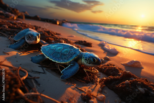 Baby Sea Turtle just born on the beaches at sunset photo