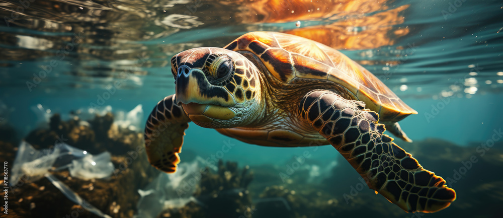 Obraz premium Sea turtles swimming in ocean littered with plastic waste, Plastic pollution in ocean environmental problem